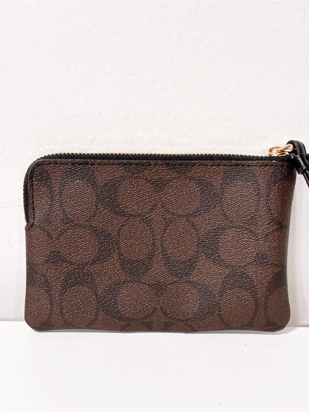 COACH Brown Black CORNER ZIP WRISTLET Leather Wallet